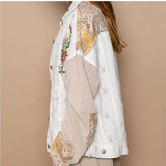 POL Shacket Oversized Thermal Sleeve Patch Embroidered Distressed Floral Paisley - Picture 6 of 16